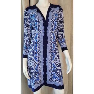 Cache Blue White Print 3/4 Sleeve Sheath Dress Knee Length Paisley Women's Large